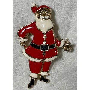 Gold Trim Enamel Santa Claus Christmas Holiday Brooch Pin 2.5" Vintage